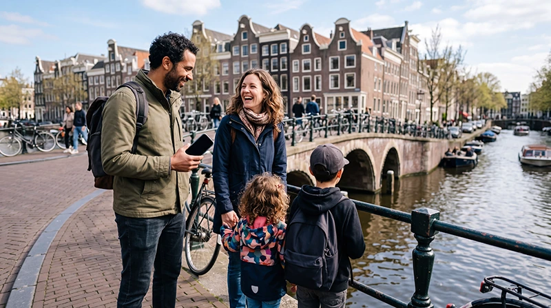 Family using mobile internet while travelling together in the Netherlands