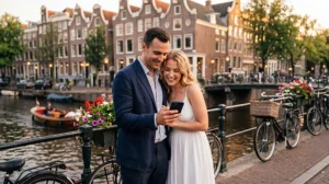 Honeymoon couple using mobile internet while travelling in the Netherlands