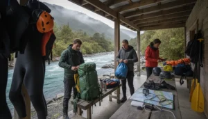 Adventure travellers preparing mobile data, offline maps and outdoor equipment for activities in New Zealand