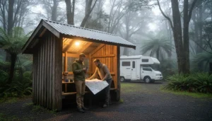 Travellers using mobile internet at a forest campground during a New Zealand campervan trip