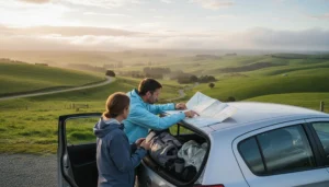 Tourists using mobile internet while planning a road trip through New Zealand