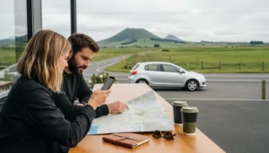 Travellers using mobile internet while planning a North Island road trip in New Zealand