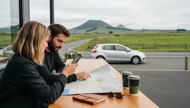 Travellers using mobile internet while planning a North Island road trip in New Zealand