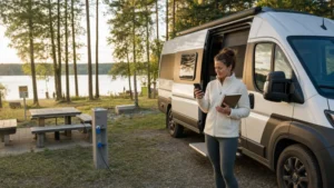 Campervan traveller checking a smartphone at an authorised Polish campsite.