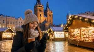 Traveller using a smartphone near a Polish Christmas market.