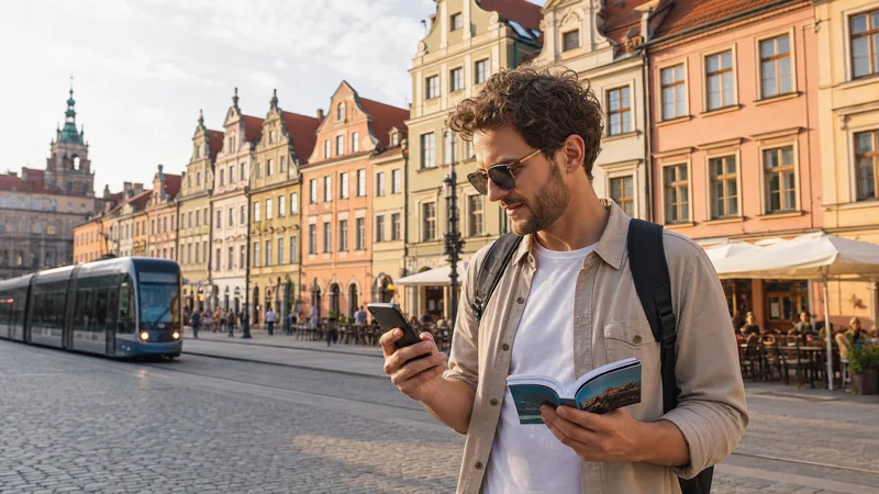 Traveller using mobile internet during a Polish city break.