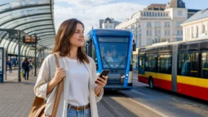 Traveller using a smartphone beside a tram and bus stop in Poland.