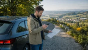 Passenger checking navigation beside a parked car on a Poland road trip.