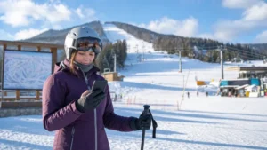 Skier checking a phone at a Polish mountain resort base.