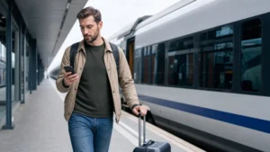 Rail traveller using a smartphone on a Polish station platform.