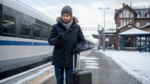 Winter traveller checking a smartphone near a snowy Polish railway station.