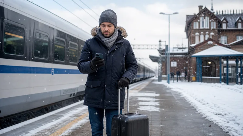 Winter traveller checking a smartphone near a snowy Polish railway station.