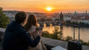 Traveller using mobile internet during a Prague city break.