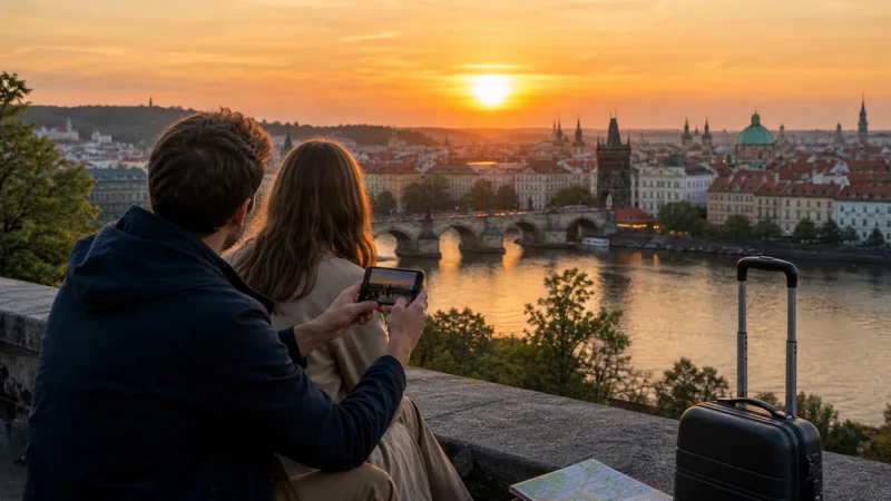 Traveller using mobile internet during a Prague city break.
