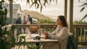 Remote professional using mobile internet and a laptop while working from a coastal town in New Zealand