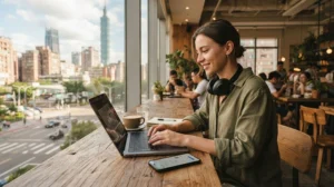 Digital nomad working remotely in Taiwan using mobile internet connection