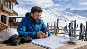 Skier using a smartphone at an Austrian mountain resort