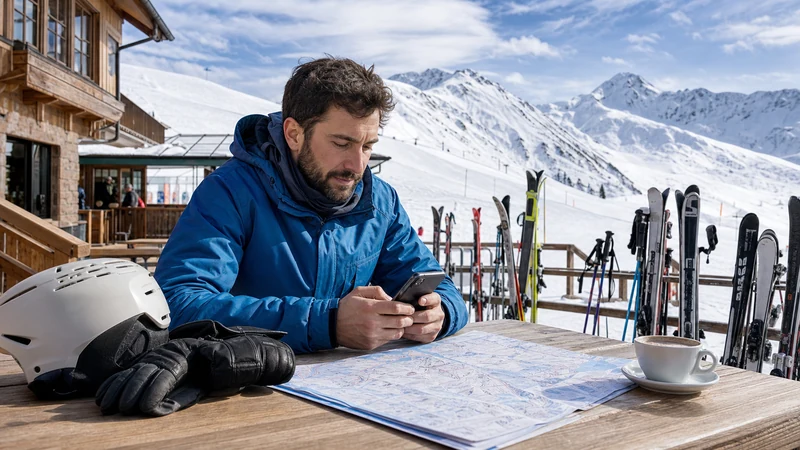 Skier using a smartphone at an Austrian mountain resort