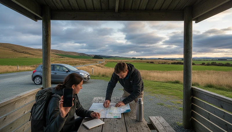 Travellers using mobile internet while planning a South Island road trip in New Zealand