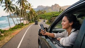 Traveler using mobile internet during a road trip across Sri Lanka