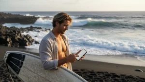 Surfer using mobile internet on a smartphone near a beach in the Canary Islands