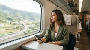 Traveller using mobile internet while travelling on Taiwan High-Speed Rail