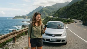 Traveller using mobile internet during a scenic road trip around Taiwan