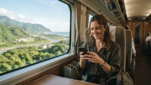 Traveller using mobile internet while travelling by train in Taiwan