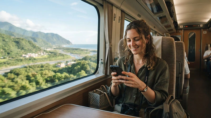 Traveller using mobile internet while travelling by train in Taiwan