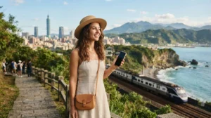 Traveller using mobile internet during a vacation in Taiwan