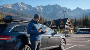 Passenger checking a route beside a parked car in the Polish Tatra foothills.