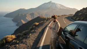 Traveller using smartphone internet during a Tenerife road trip near volcanic landscape