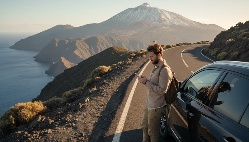 Traveller using smartphone internet during a Tenerife road trip near volcanic landscape