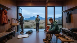 Hikers preparing offline maps, mobile data and equipment before the Tongariro Alpine Crossing in New Zealand
