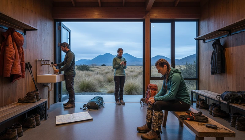 Hikers preparing offline maps, mobile data and equipment before the Tongariro Alpine Crossing in New Zealand