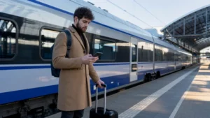 Rail traveller checking a train app on a platform in Poland.