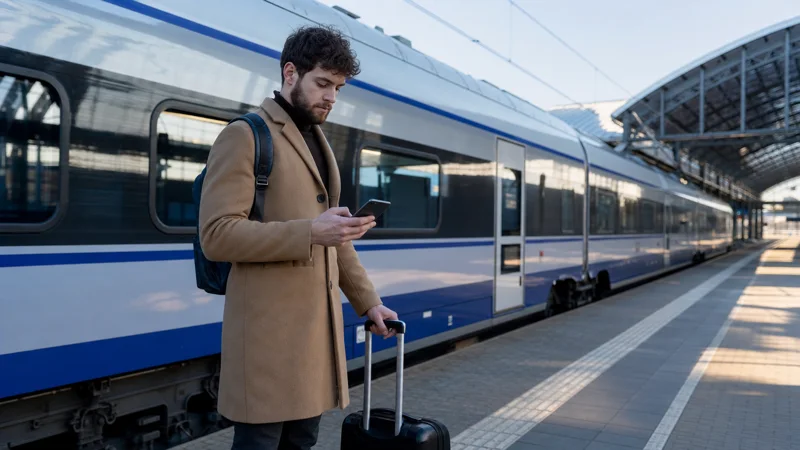 Rail traveller checking a train app on a platform in Poland.