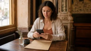 Traveller using a translation app on a smartphone in a Hungarian café