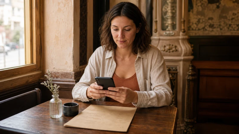 Traveller using a translation app on a smartphone in a Hungarian café