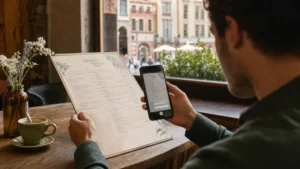 Traveller using a translation app to read a Polish café menu.