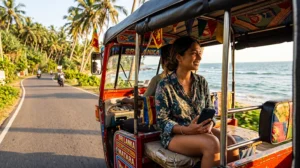 Traveler using mobile internet while riding a tuk-tuk in Sri Lanka