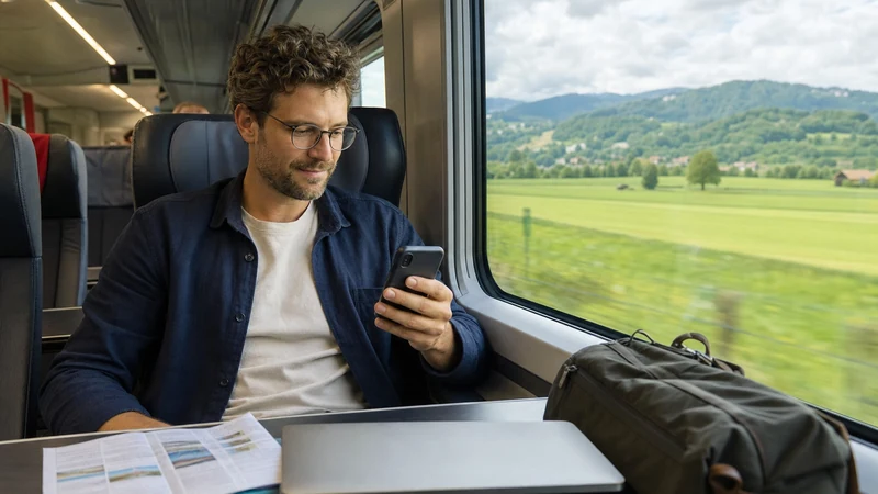 Traveller using a smartphone on a train between Vienna and Salzburg