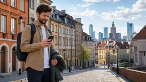 Traveller using a smartphone during a Warsaw city break.