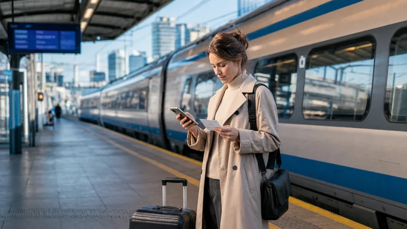 Traveller checking a phone before a Warsaw to Kraków train.