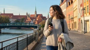 Traveller checking a smartphone during a Wrocław city break.