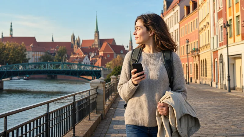 Traveller checking a smartphone during a Wrocław city break.