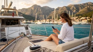 Traveler using mobile internet during a yacht charter in Montenegro