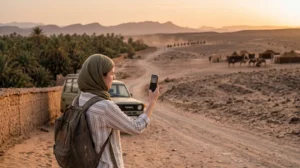 Tourist using mobile internet during a Zagora desert tour in Morocco