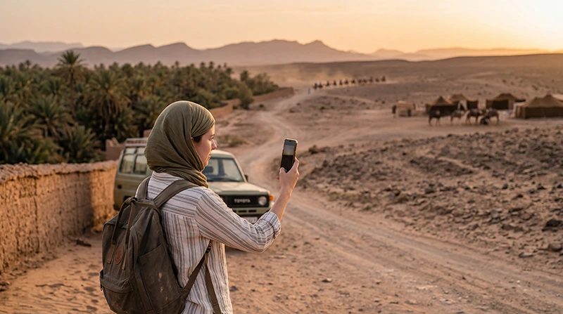 Tourist using mobile internet during a Zagora desert tour in Morocco