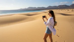 Tourist using mobile internet on smartphone at a beach in Fuerteventura Canary Islands
